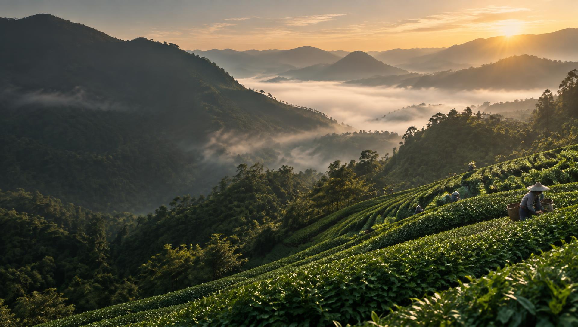 Tea gardens climbing through misty mountains at sunrise