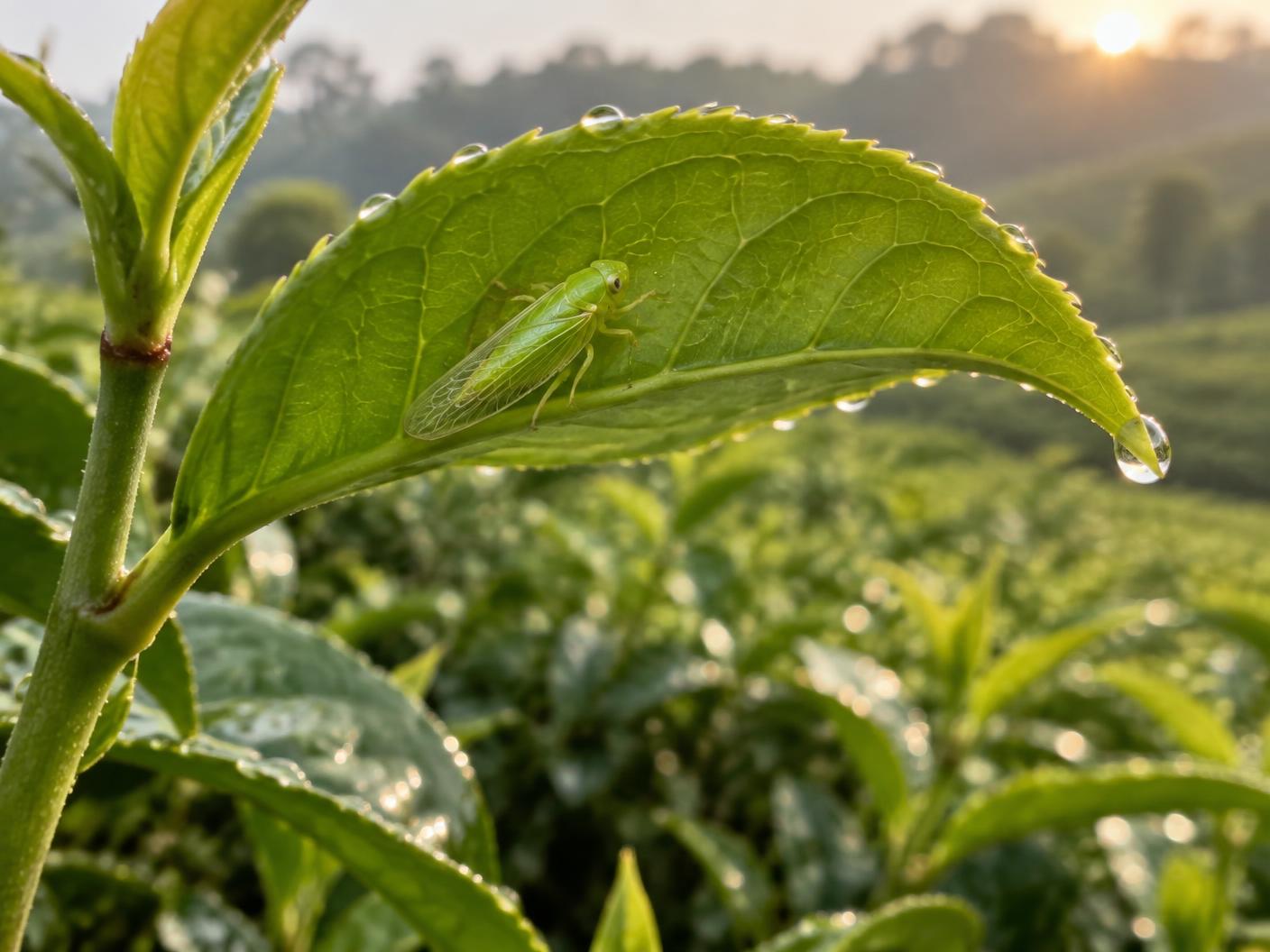 A tiny green leafhopper resting on a dewy young tea leaf in a tea garden