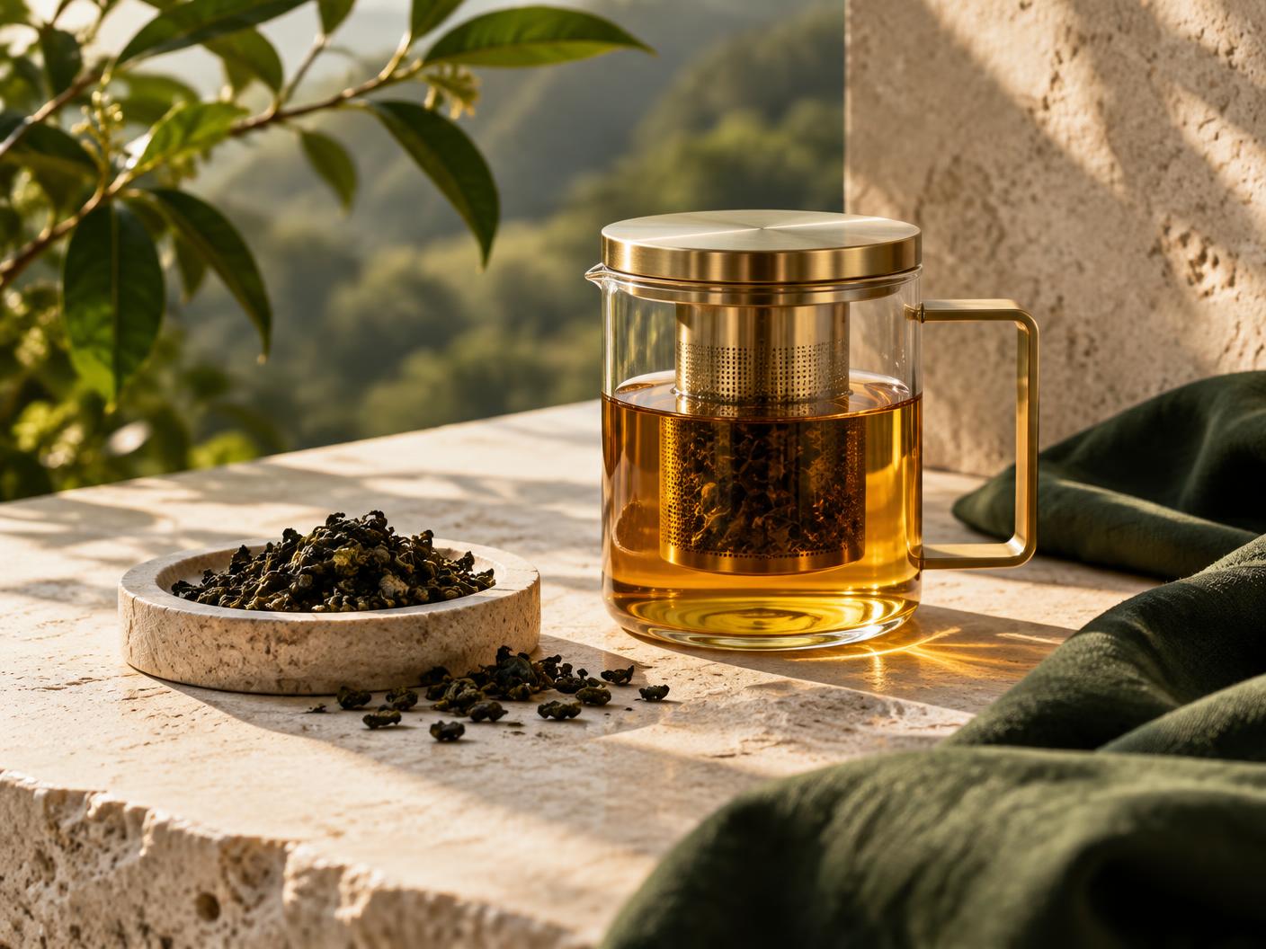 Modern glass and brass tea infuser