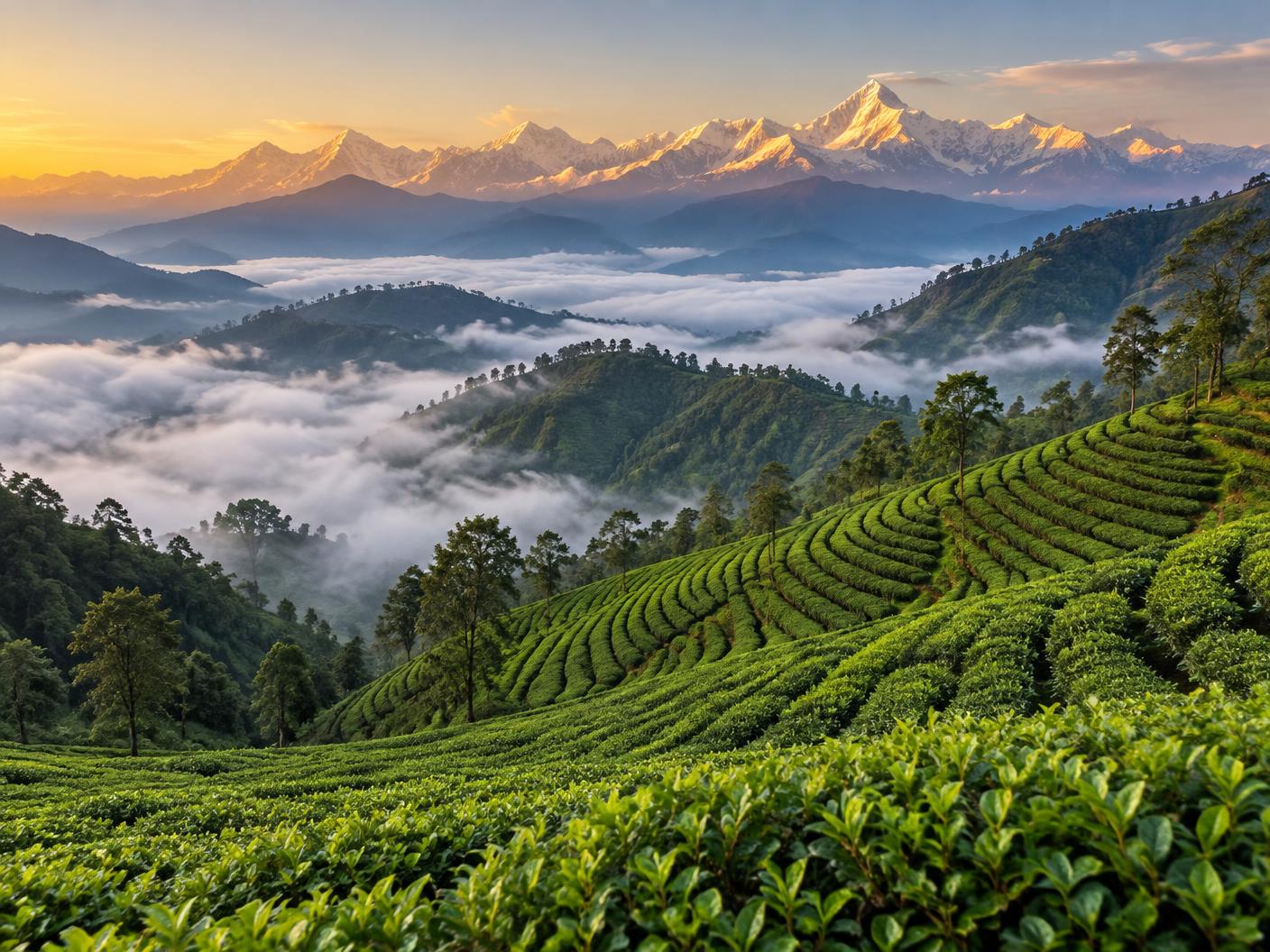 Terraced tea gardens of the Ilam Valley in eastern Nepal, with mist filling the valleys and snow-capped Himalayan peaks beyond.
