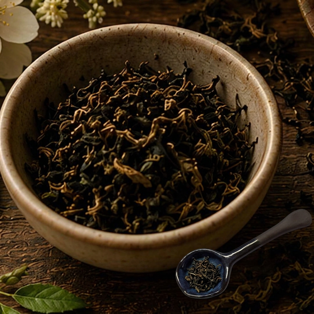 A ceramic bowl of dark, twisted whole-leaf oolong tea on a dark wooden table, with a deep blue tea measuring spoon holding a measure of leaves beside it.