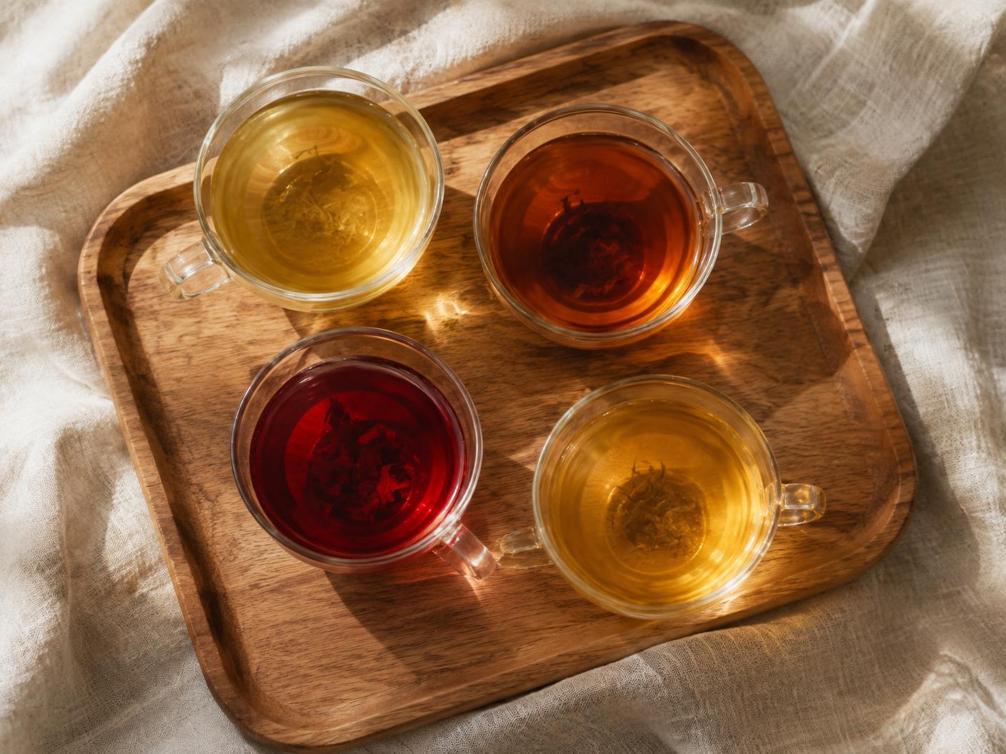Four glass cups of steeped tea in shades of gold, amber, and ruby, arranged on a wooden tray.
