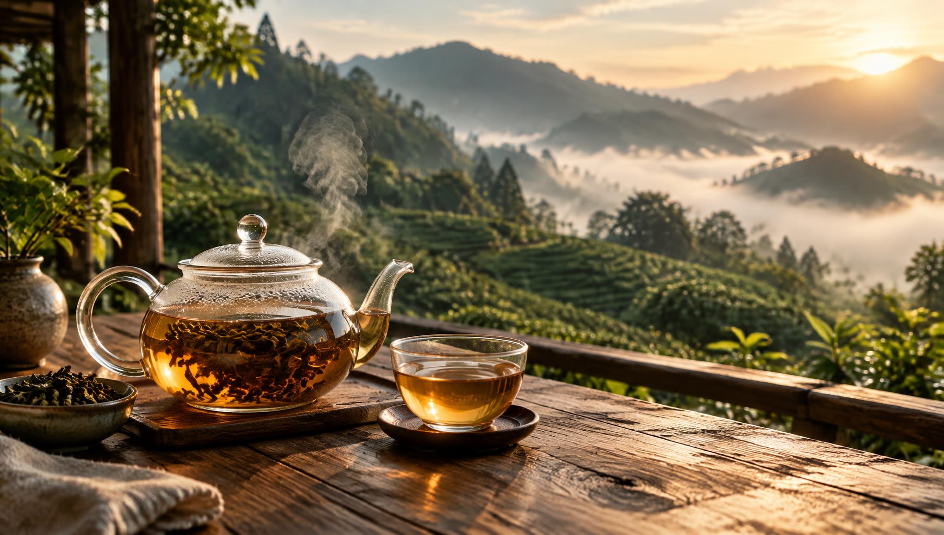 A glass teapot of amber oolong tea, steam rising, on a wooden table overlooking misty green mountain tea gardens at golden sunrise.