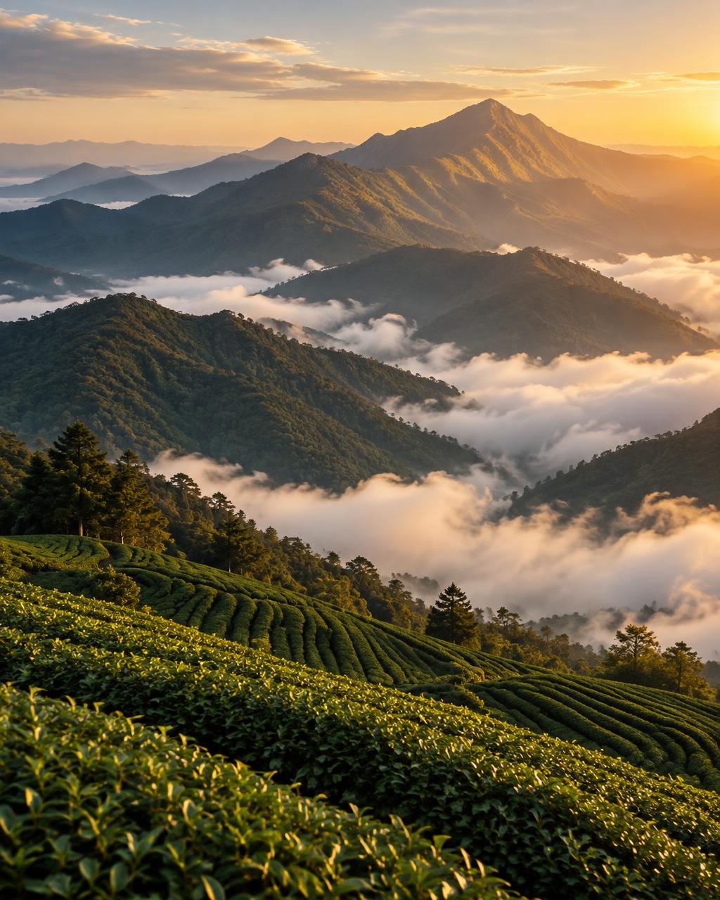 A serene Taiwan mountain peak rising above misted tea gardens at sunrise