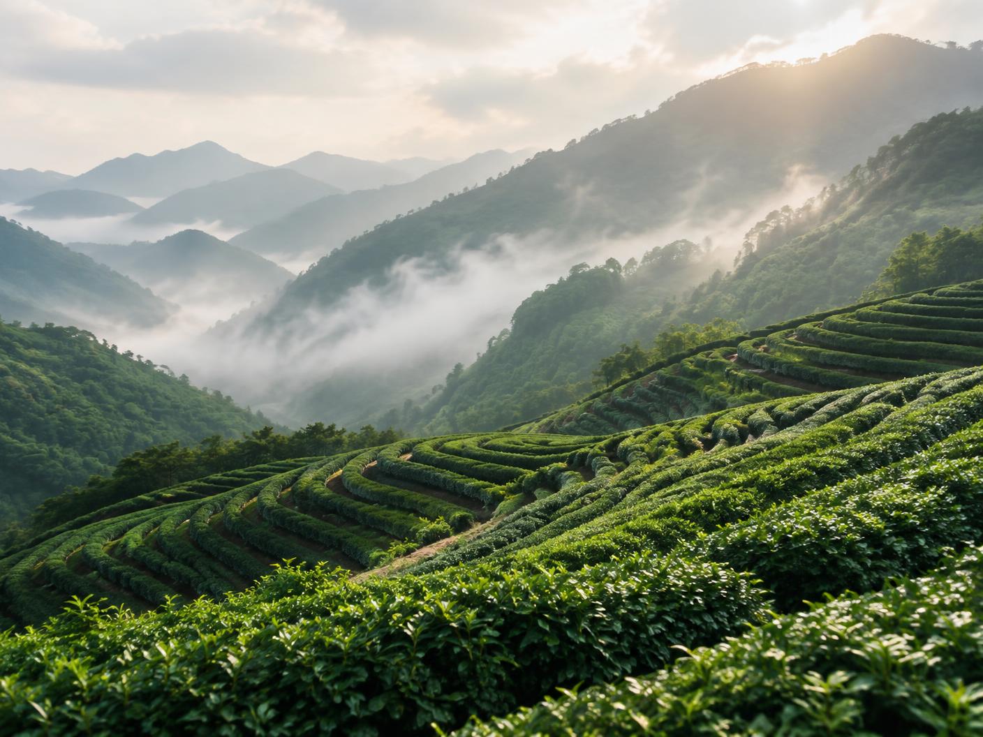 High-elevation Taiwanese tea terraces rising through mist-covered mountains.