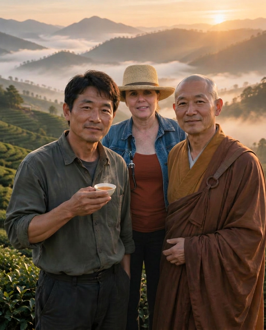 A tea grower and a monk sharing tea above misty mountain gardens