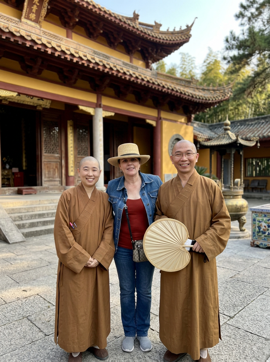Michele sharing tea with two monks in a temple hall, warm light and quiet surrounding the table.