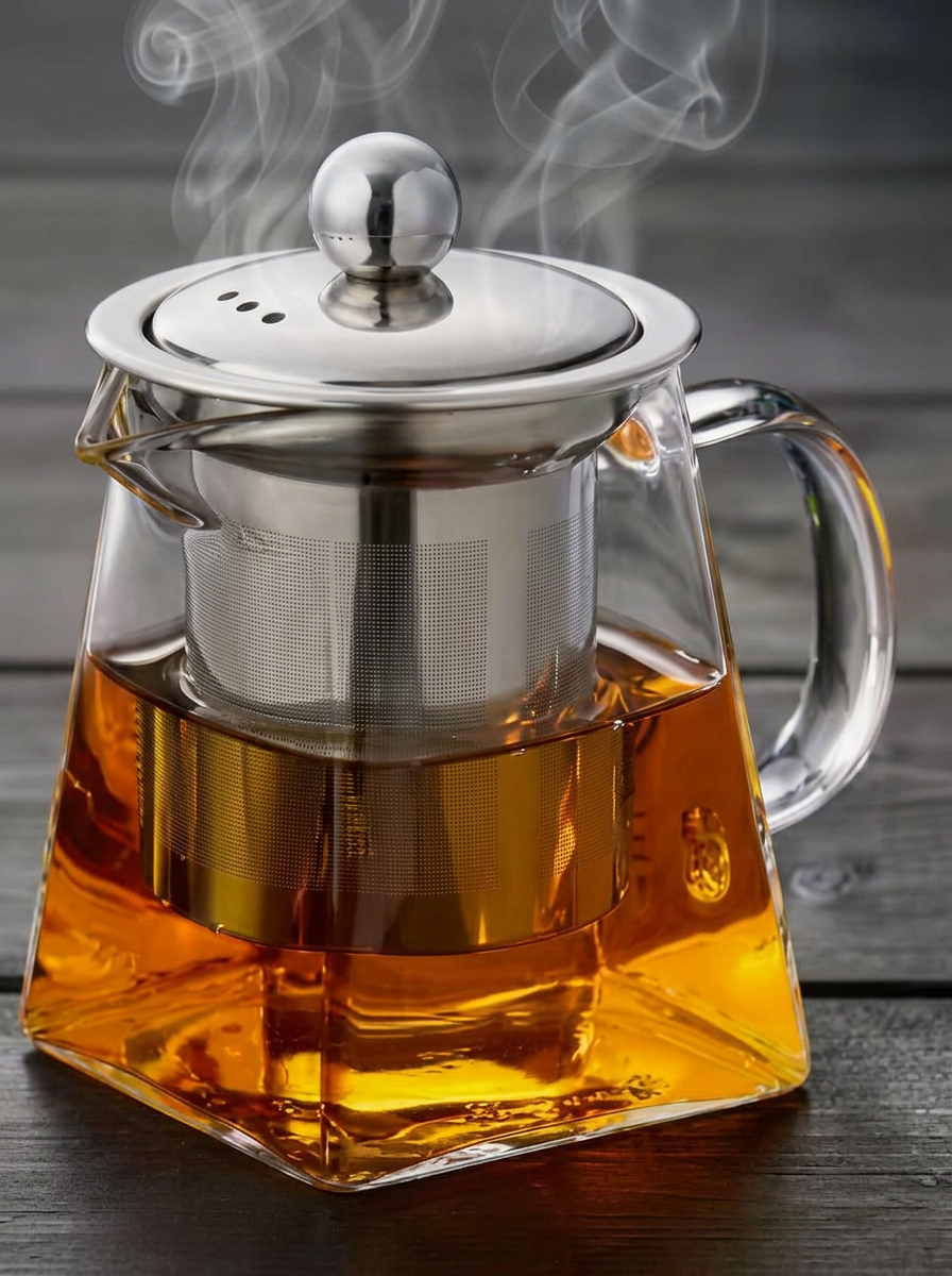 A modern glass tea pitcher with a stainless steel infuser, filled with amber oolong tea, gentle steam rising.
