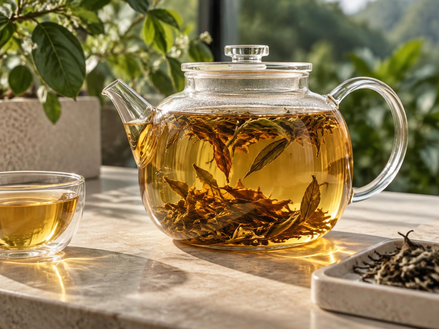 Whole tea leaves opening in amber infusion